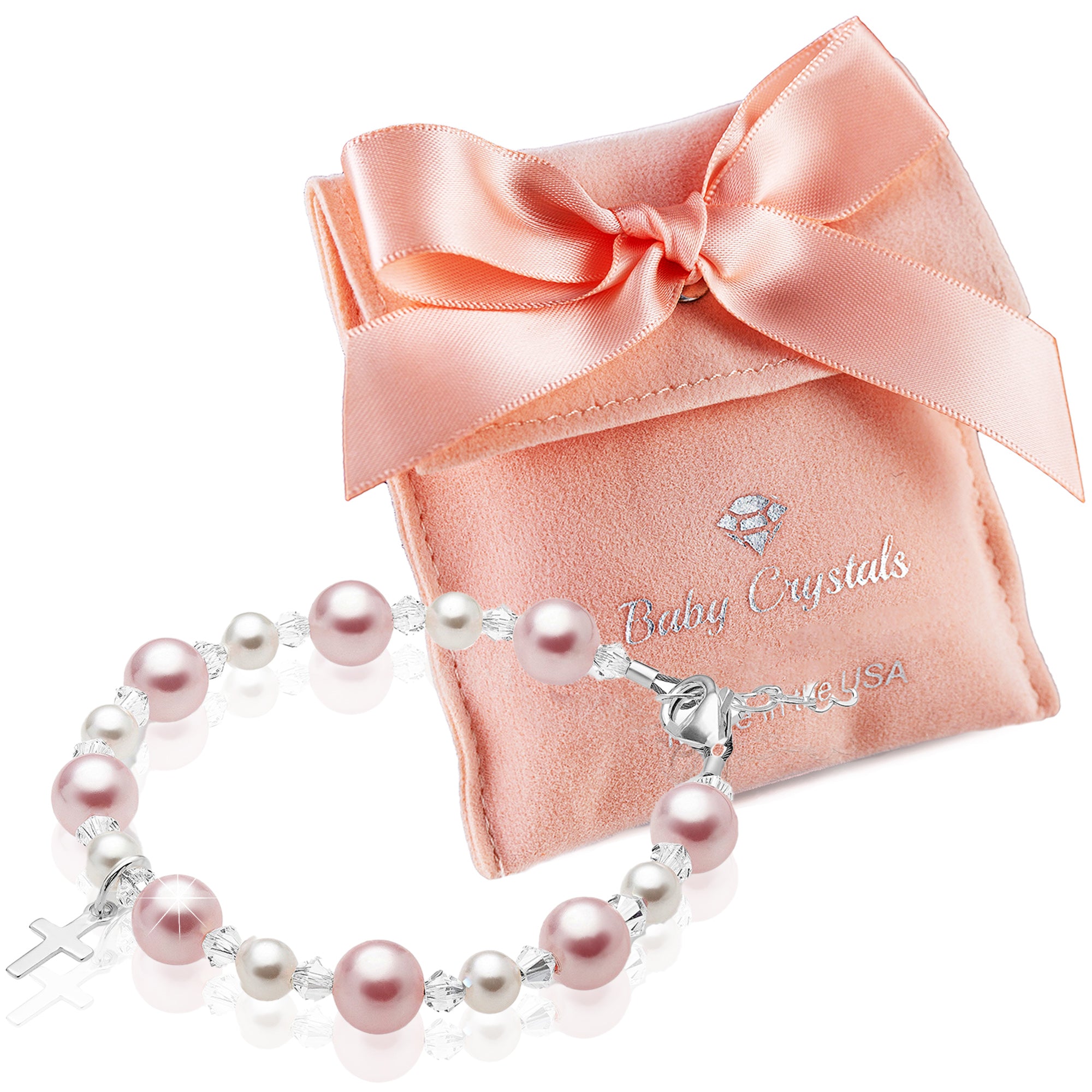 Pink & White Pearl Cross Charm Bracelet with Clear Crystals – Baby Crystals