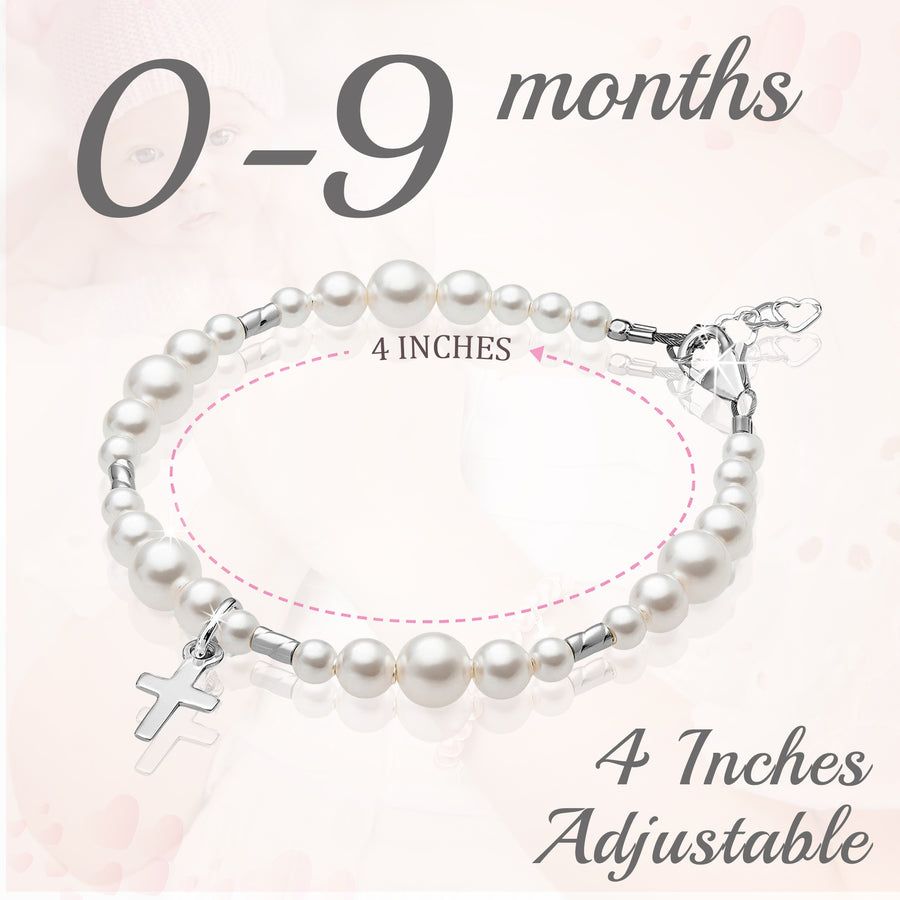 Newborn Baby Sterling Silver Cross White Pearl Christening Baptism Bracelet