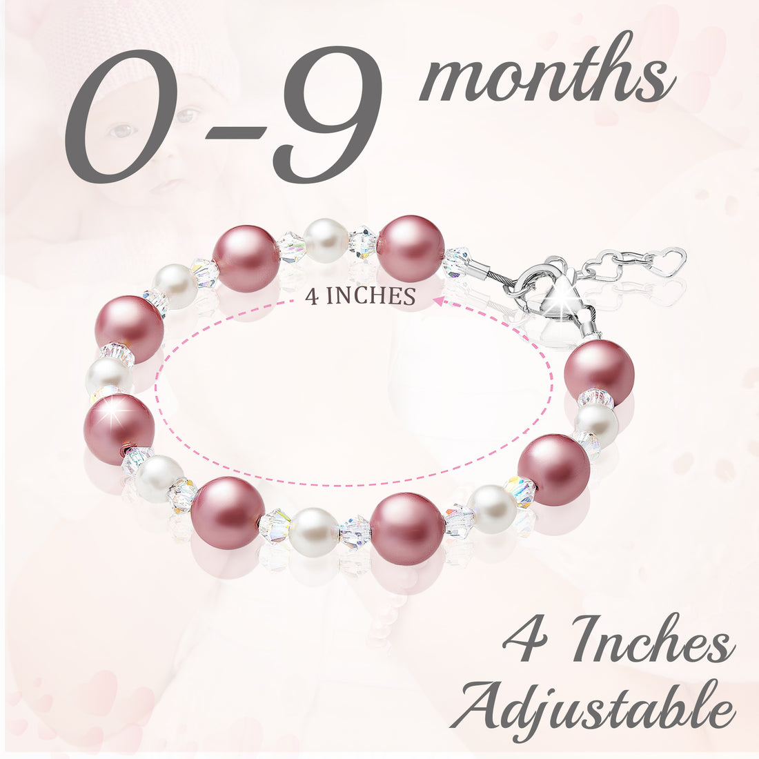 NewBorn Baby Girl Bracelet with Rose & White Pearls & Clear Crystals