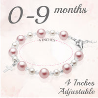 Sterling Silver Cross Baptism Bracelet for Girls - Pink & White Pearl Clear Crystals