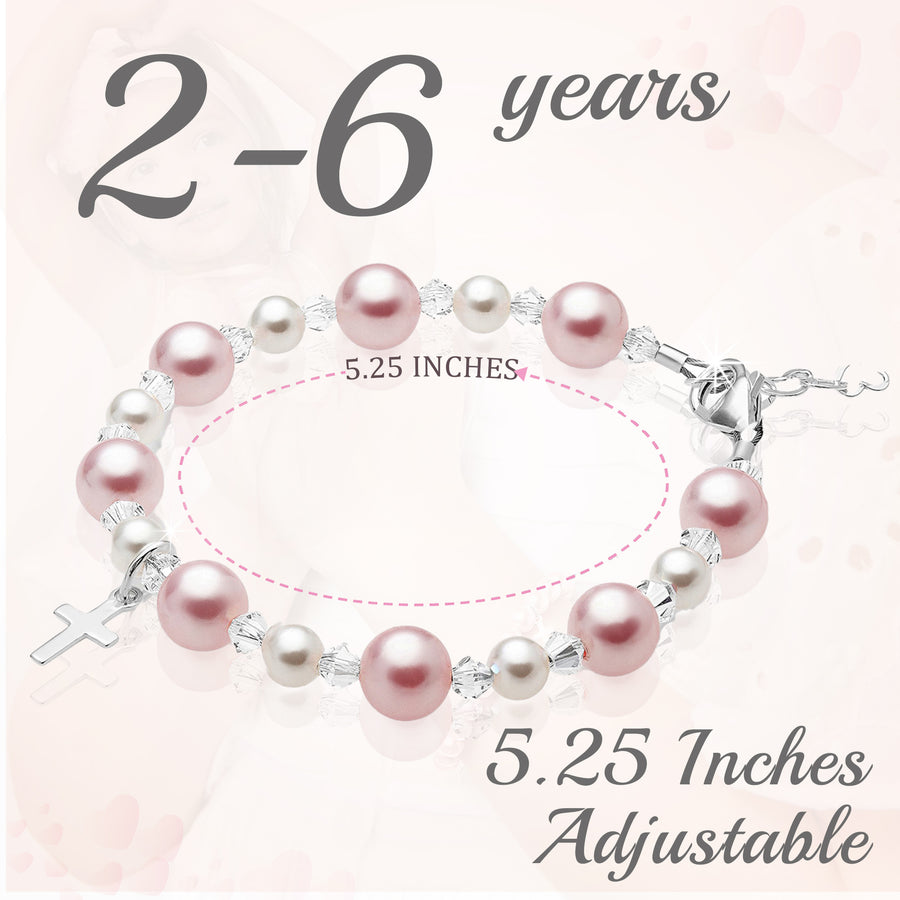 Sterling Silver Cross Baptism Bracelet for Girls - Pink & White Pearl Clear Crystals