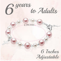 Sterling Silver Cross Baptism Bracelet for Girls - Pink & White Pearl Clear Crystals