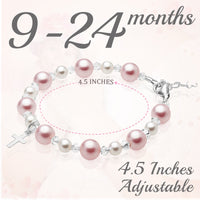 Sterling Silver Cross Baptism Bracelet for Girls - Pink & White Pearl Clear Crystals