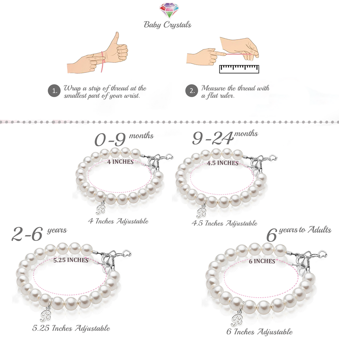 Personalized Birthstone Bracelets for Girls -White and Rose Simulated Austrian Pearls Crystals, Sterling Silver Initial Charm Bracelet Jewelry for Babies to teens, Customized Alphabet Letters