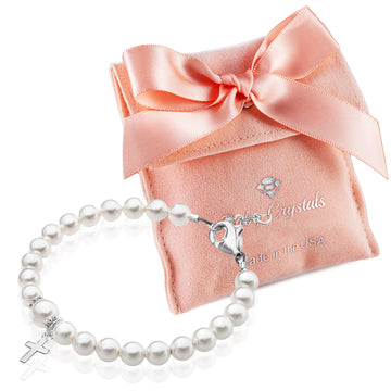 Newborn Baby White Pearl Bracelet Baptism & Christening Sterling Silver Cross Charm