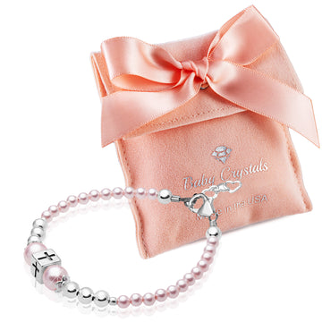 Newborn Baby Girl Sterling Silver Beads Box Cross Pink Pearl Bracelet