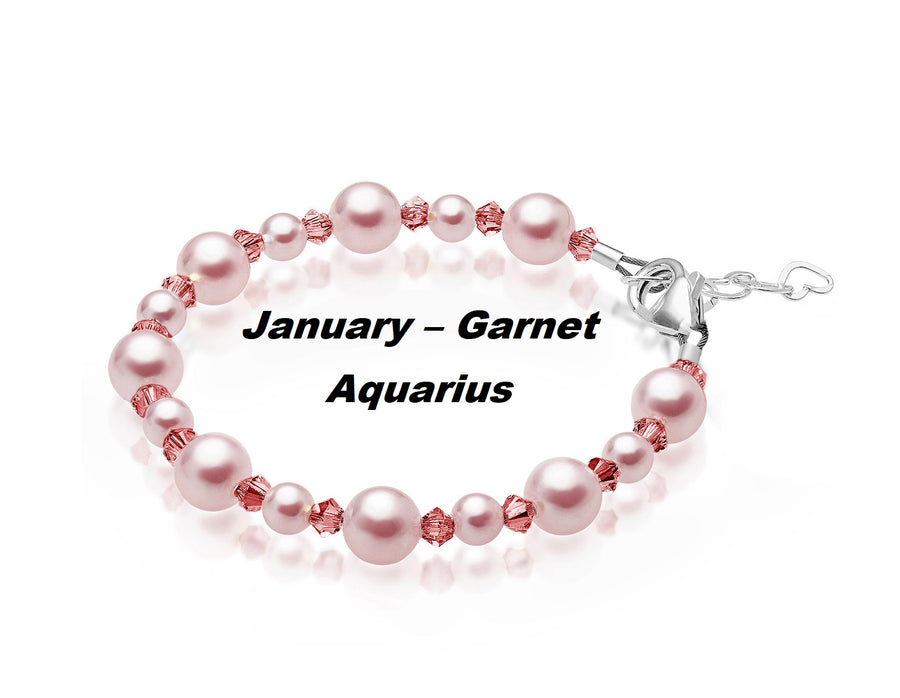 Personalized Birthstone Bracelets for Girls -White and Rose Simulated Austrian Pearls Crystals, Sterling Silver Initial Charm Bracelet Jewelry for Babies to teens, Customized Alphabet Letters