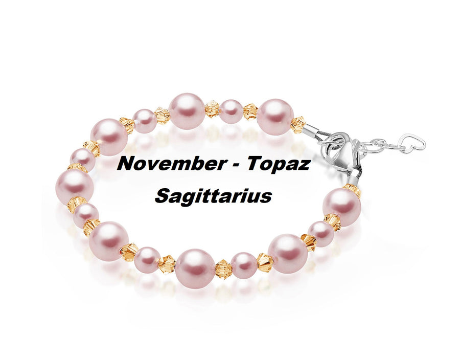 Personalized Birthstone Bracelets for Girls -White and Rose Simulated Austrian Pearls Crystals, Sterling Silver Initial Charm Bracelet Jewelry for Babies to teens, Customized Alphabet Letters