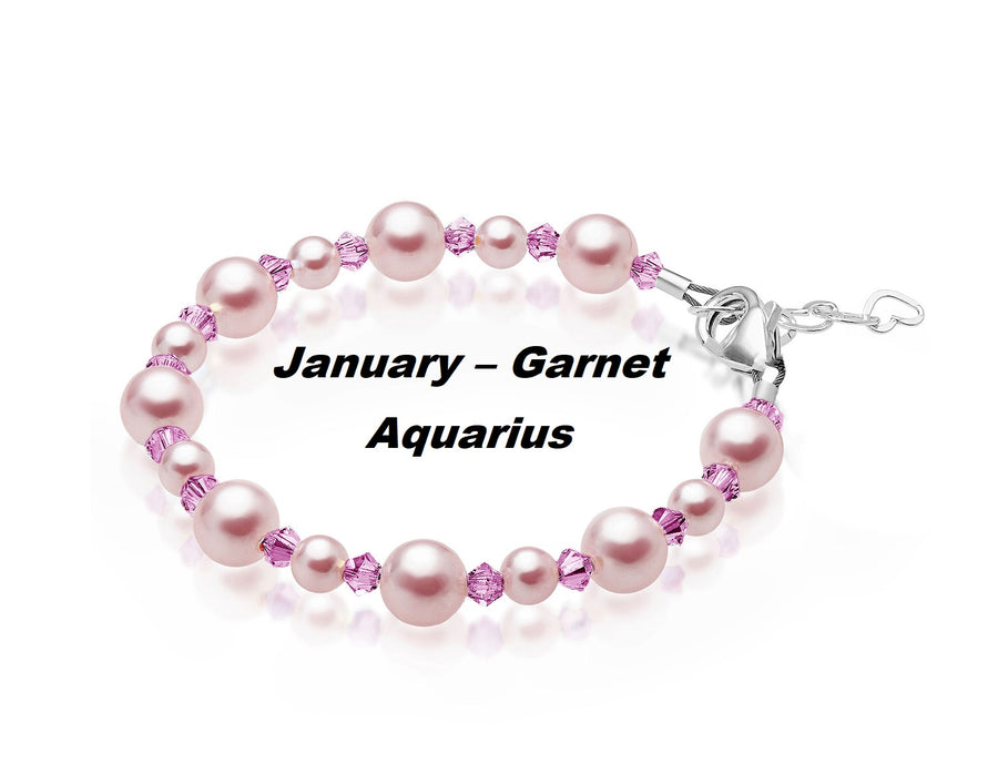 Personalized Birthstone Bracelets for Girls -White and Rose Simulated Austrian Pearls Crystals, Sterling Silver Initial Charm Bracelet Jewelry for Babies to teens, Customized Alphabet Letters