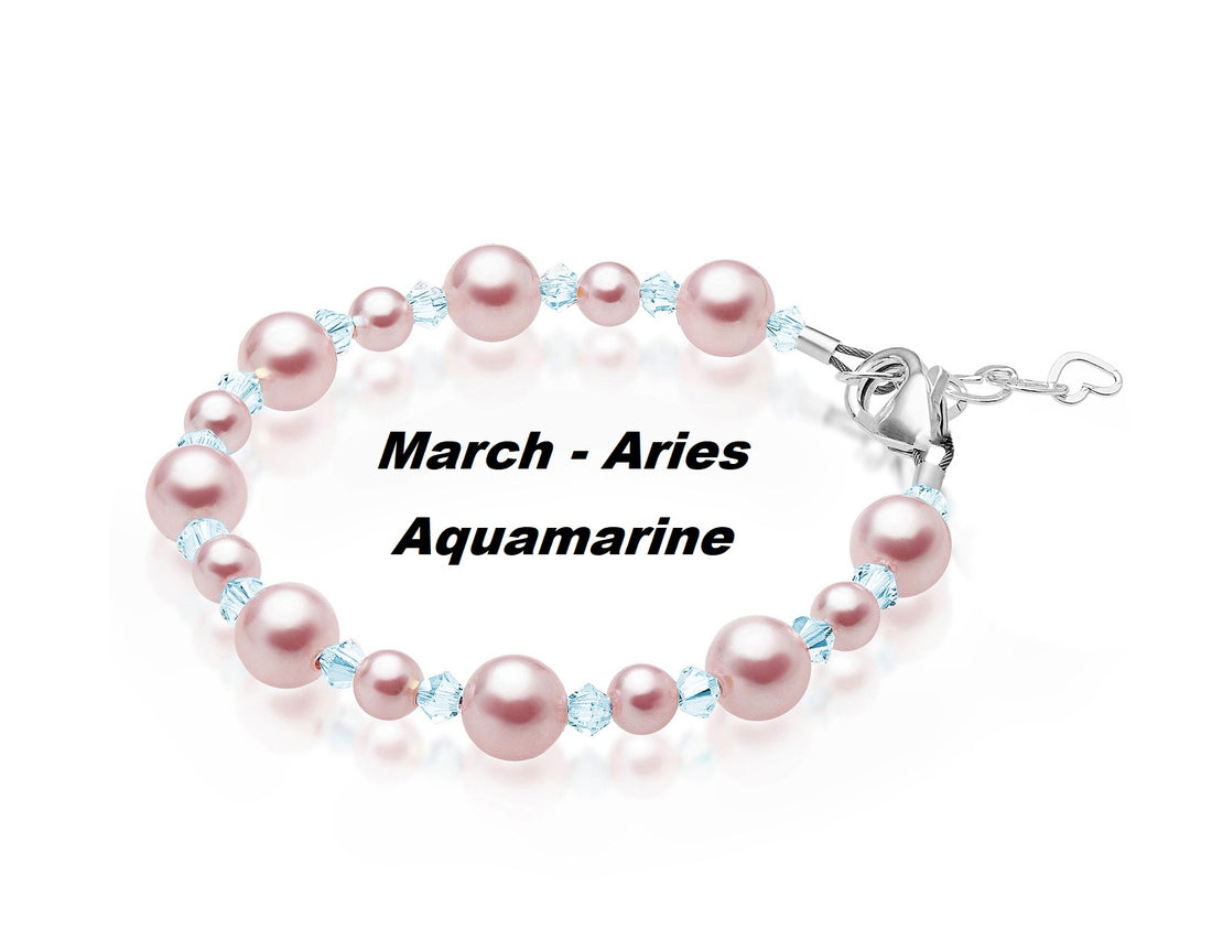 Personalized Birthstone Bracelets for Girls -White and Rose Simulated Austrian Pearls Crystals, Sterling Silver Initial Charm Bracelet Jewelry for Babies to teens, Customized Alphabet Letters