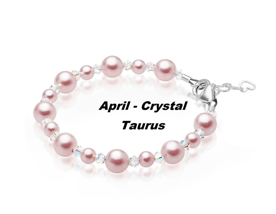 Personalized Birthstone Bracelets for Girls -White and Rose Simulated Austrian Pearls Crystals, Sterling Silver Initial Charm Bracelet Jewelry for Babies to teens, Customized Alphabet Letters