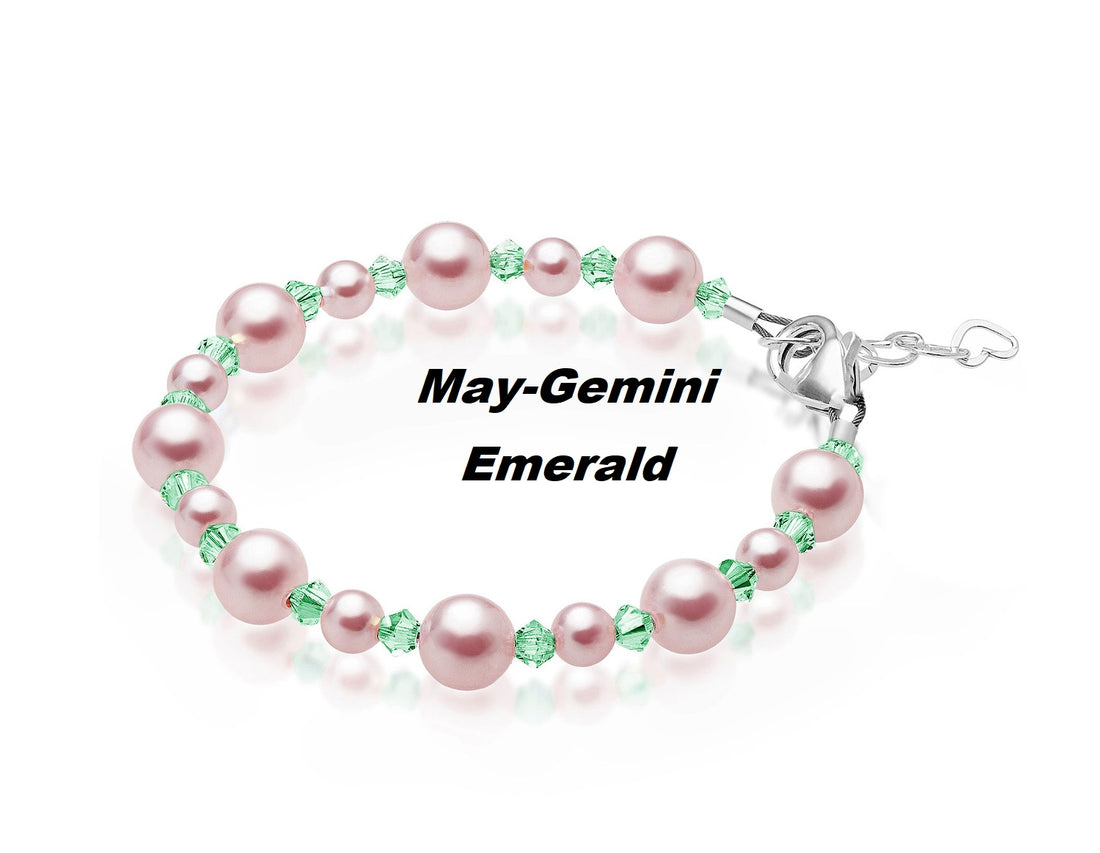 Personalized Birthstone Bracelets for Girls -White and Rose Simulated Austrian Pearls Crystals, Sterling Silver Initial Charm Bracelet Jewelry for Babies to teens, Customized Alphabet Letters