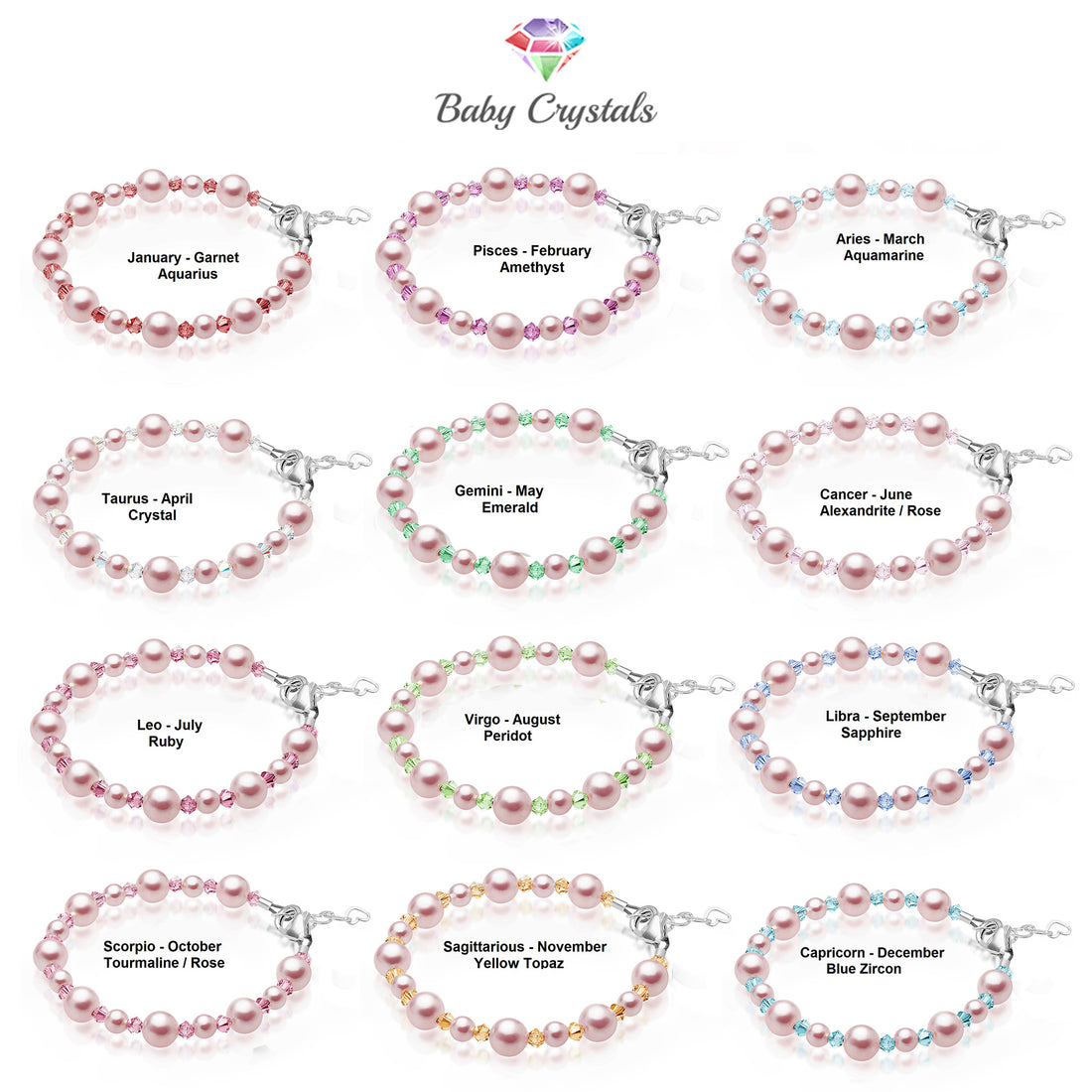 Personalized Birthstone Bracelets for Girls -White and Rose Simulated Austrian Pearls Crystals, Sterling Silver Initial Charm Bracelet Jewelry for Babies to teens, Customized Alphabet Letters