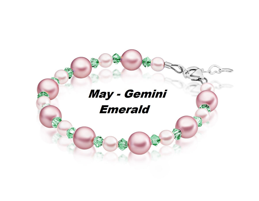 Personalized Birthstone Bracelets for Girls -White and Rose Simulated Austrian Pearls Crystals, Sterling Silver Initial Charm Bracelet Jewelry for Babies to teens, Customized Alphabet Letters