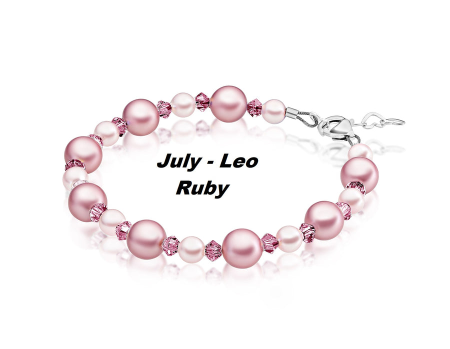 Personalized Birthstone Bracelets for Girls -White and Rose Simulated Austrian Pearls Crystals, Sterling Silver Initial Charm Bracelet Jewelry for Babies to teens, Customized Alphabet Letters