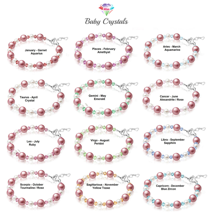 Personalized Birthstone Bracelets for Girls -White and Rose Simulated Austrian Pearls Crystals, Sterling Silver Initial Charm Bracelet Jewelry for Babies to teens, Customized Alphabet Letters