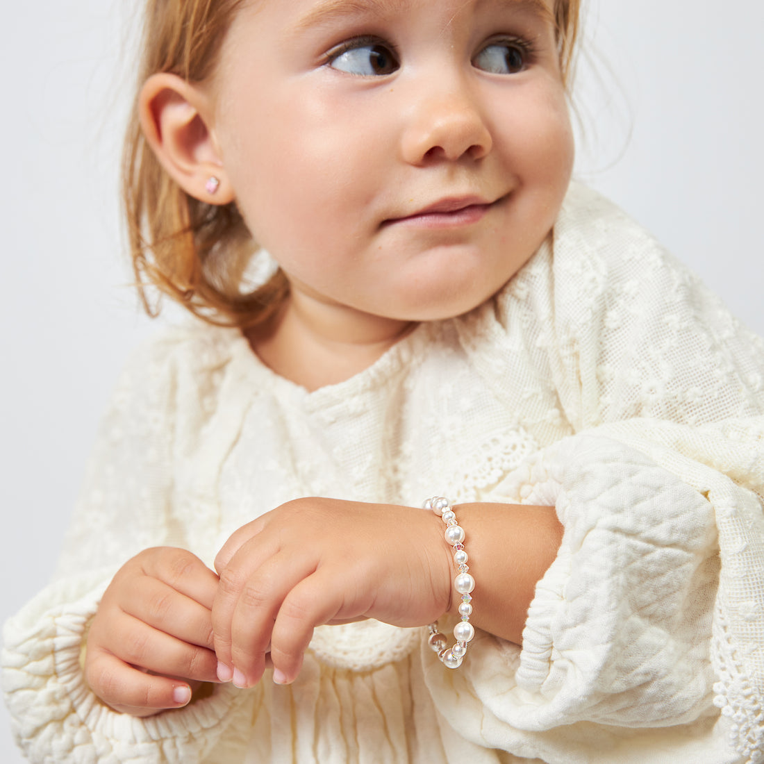 Sterling Silver Bracelet for Girls with White Pearls & Clear Crystals