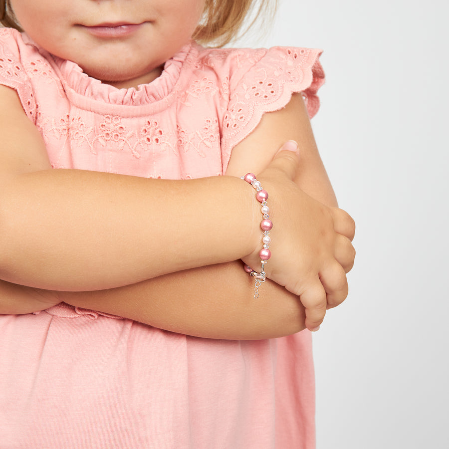 Sterling Silver Bracelet for Girls with Rose & Pink Pearls & Clear Crystals