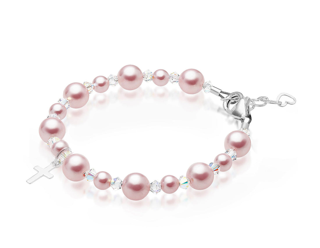 Teen Girl Baptism & Christening Pink Pearl Sterling silver Cross Charm Bracelet