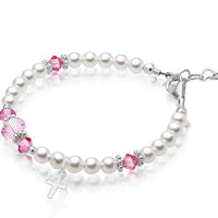 Newborn Baby Girl Sterling Silver Cross Baptism Pearl Bracelet White Pearl Pink Crystals