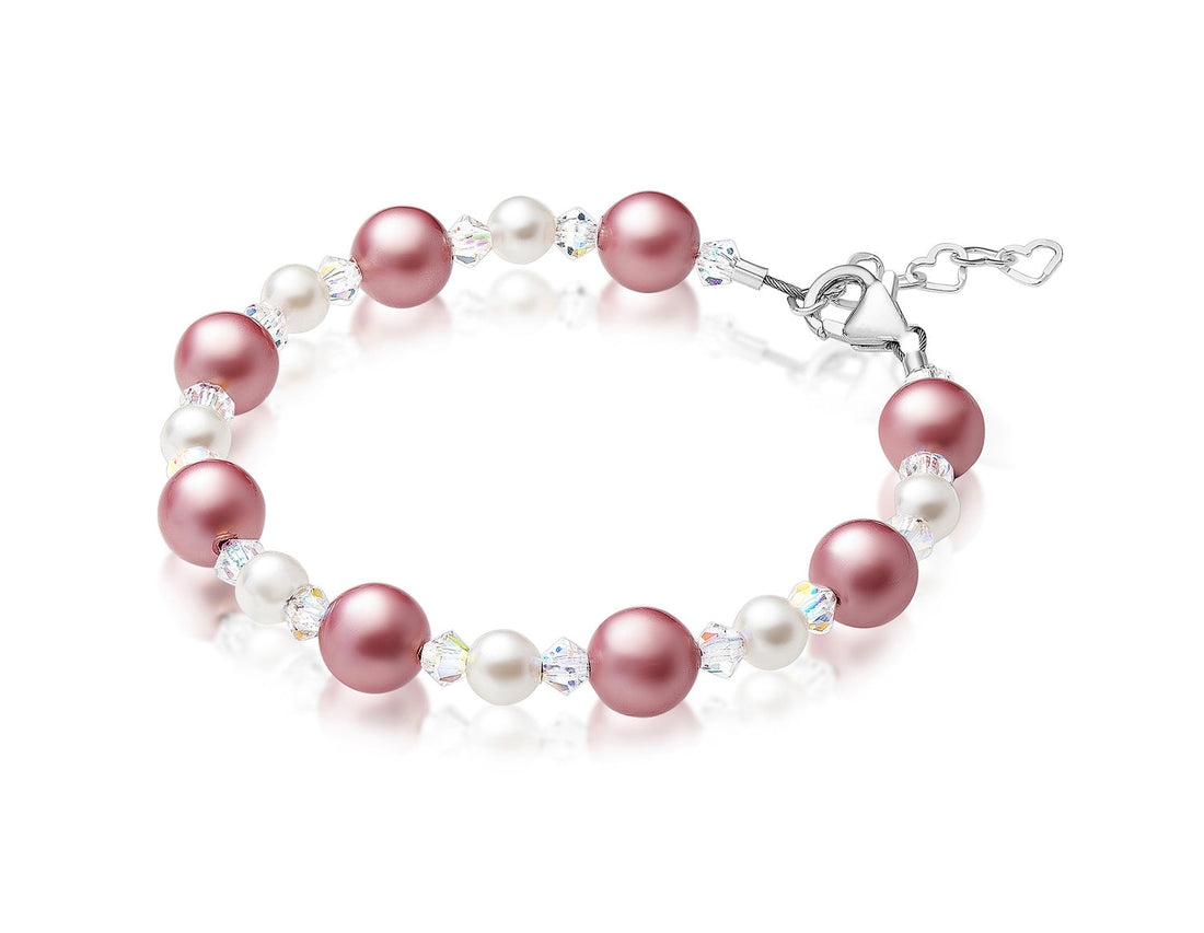 Teen Girl Bracelets with Rose & White Pearls & Clear Crystals